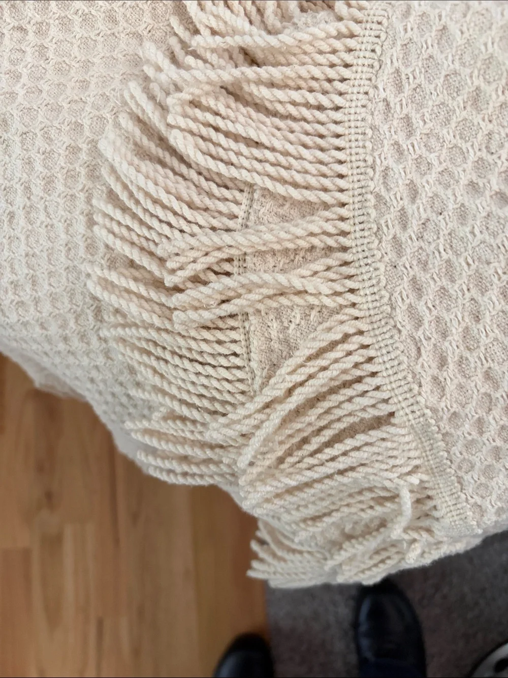 Cream Waffle Knit Table Cloth 55”across with 3 “ fringe